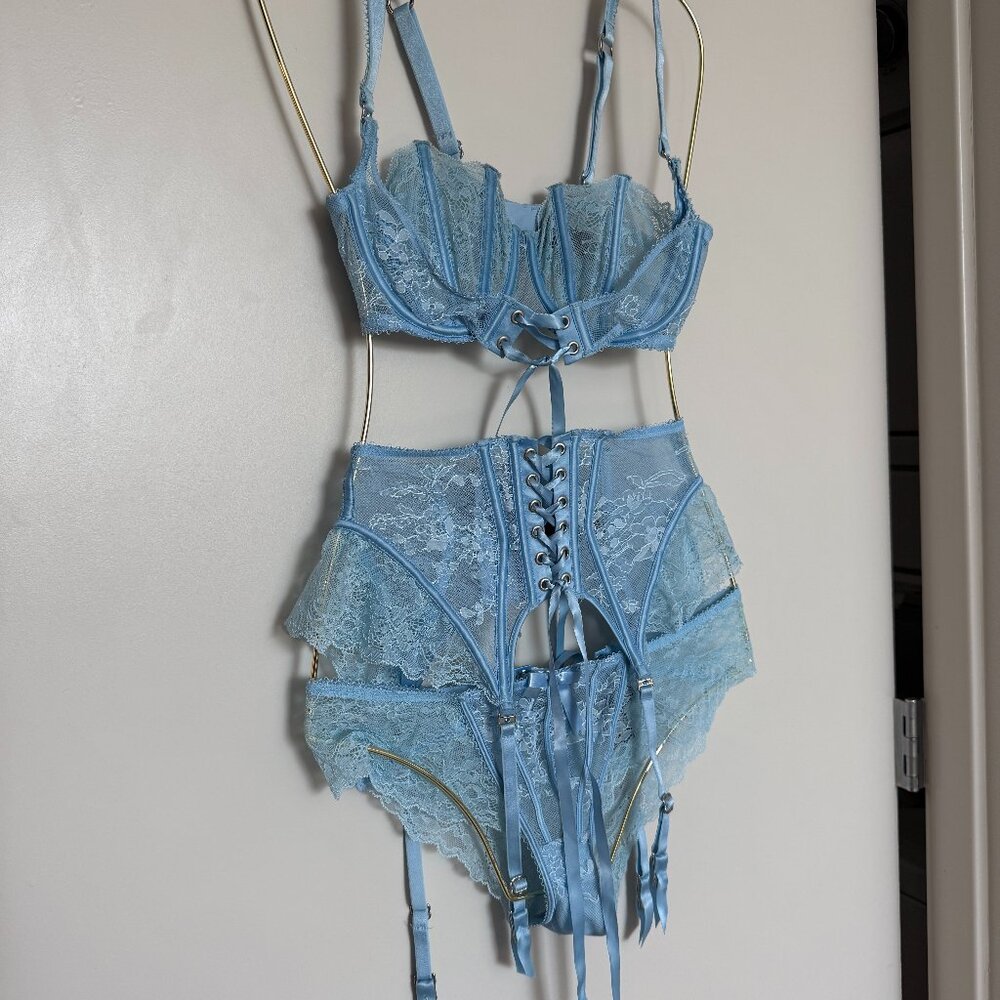Honey Birdette “Rebecca” Lace-Up Corset Bra + Garter + Panty Set – Baby Blue